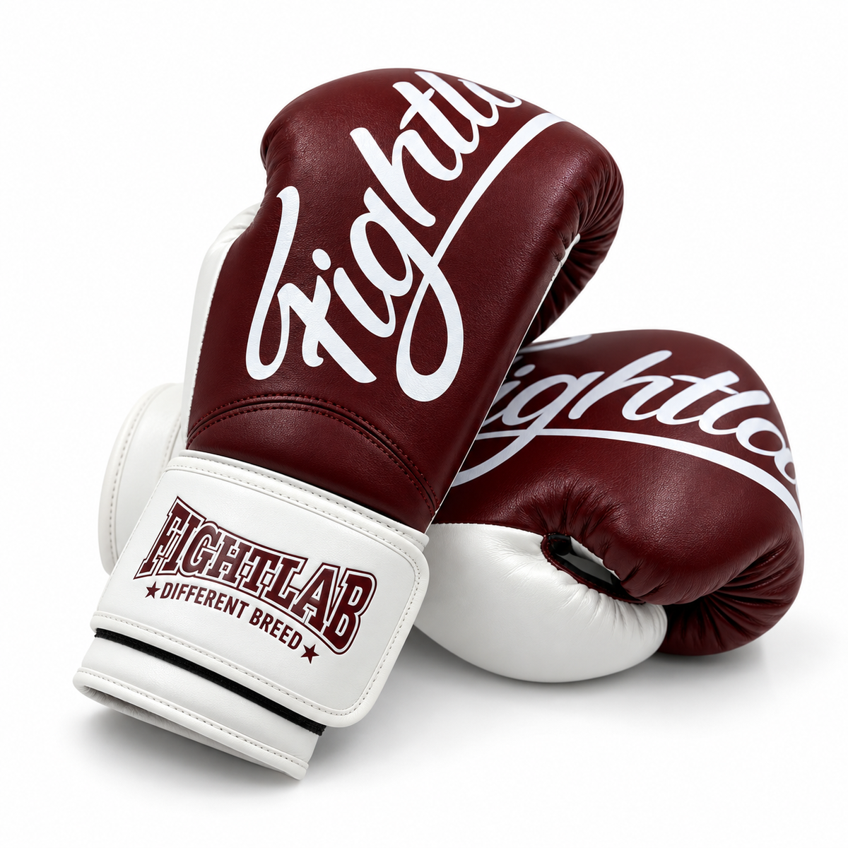 A pair of boxing gloves in maroon and white, featuring the brand name 'FIGHTLAB' in white script and 'Fightlab' on the wrist strap, set against a plain white background.