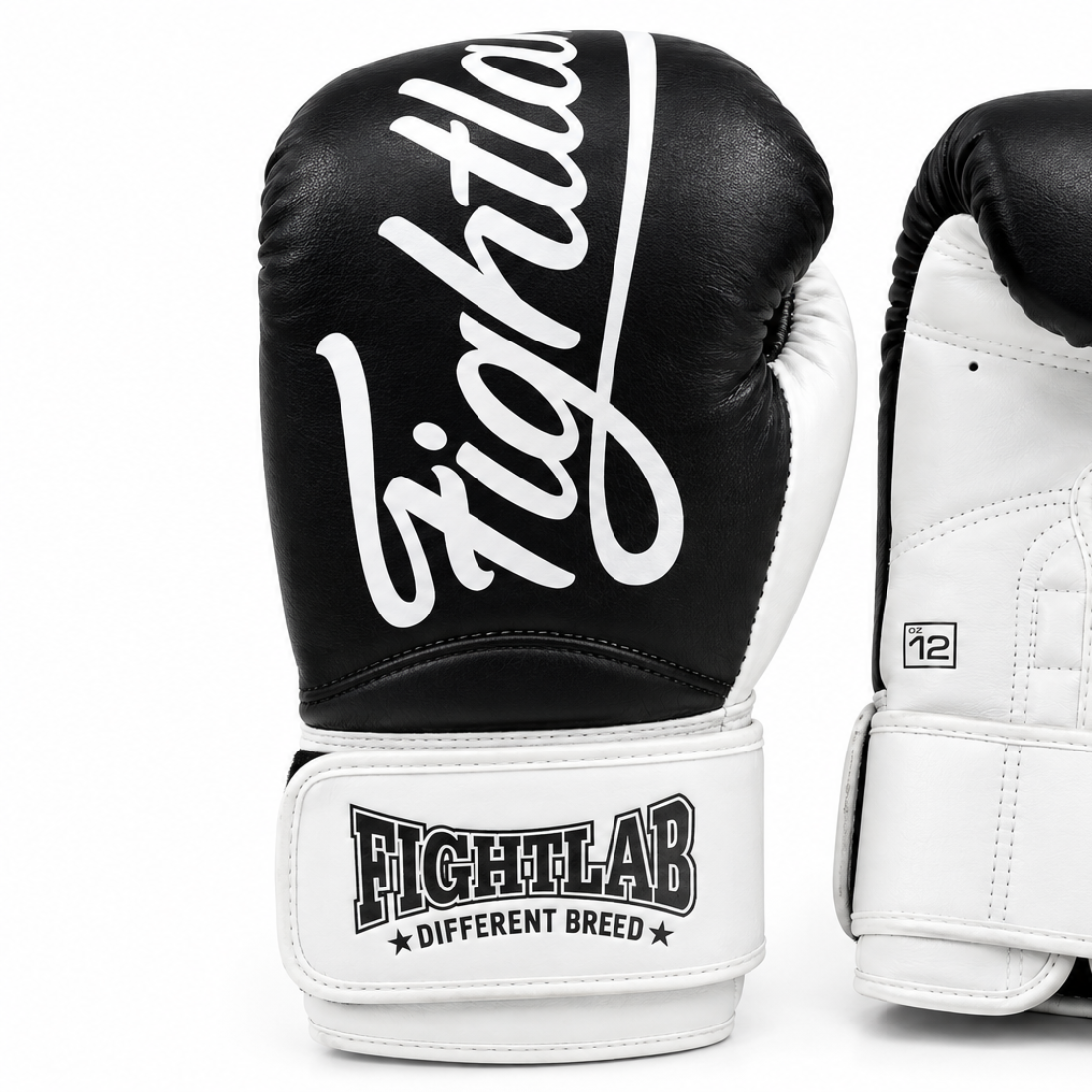 A pair of black and white Fightlab boxing gloves shown against a plain white background, displaying both the front with the white script logo and the back with the brand name and model number.