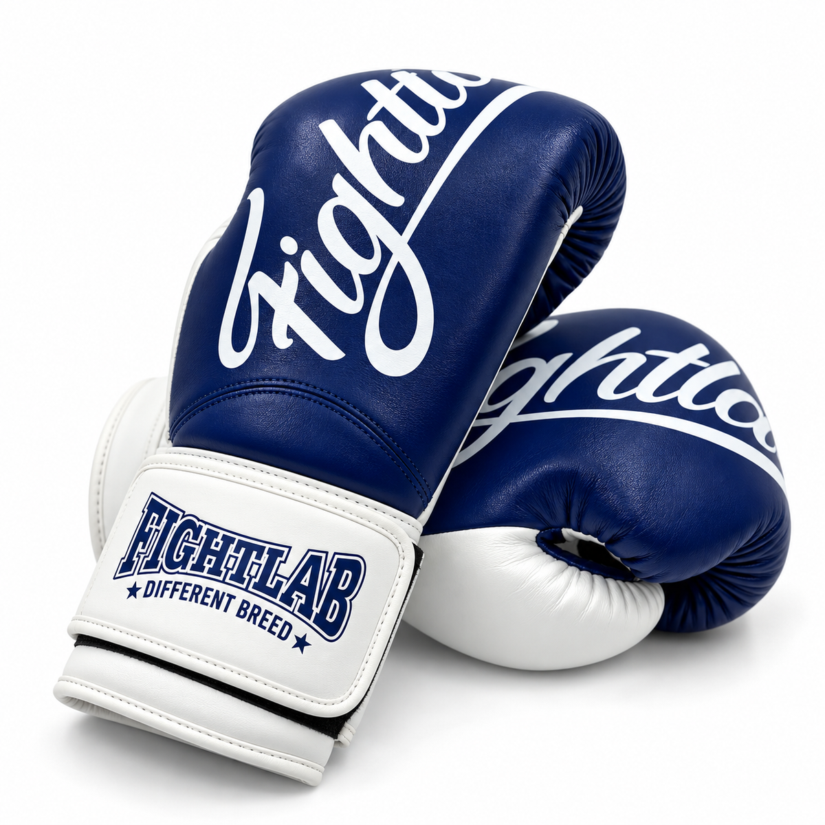 A pair of blue and white Fightlab boxing gloves with the Fighttime logo in white script and the brand name Fightlab on the wrist strap, shown on a clean white background.