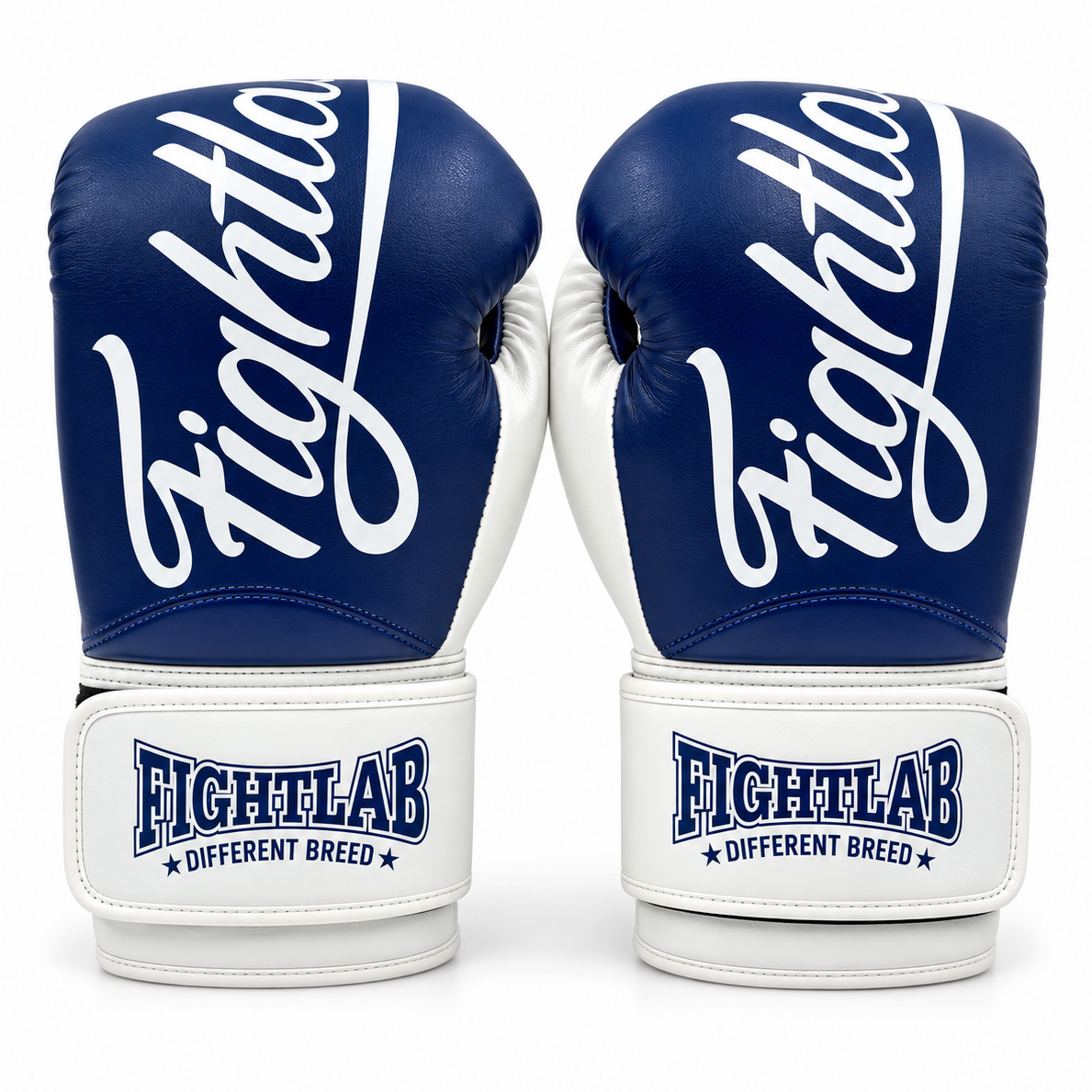 A pair of Fightlab boxing gloves in navy blue and white, featuring the brand's logo in white script on the blue leather and a white wrist strap with navy branding.