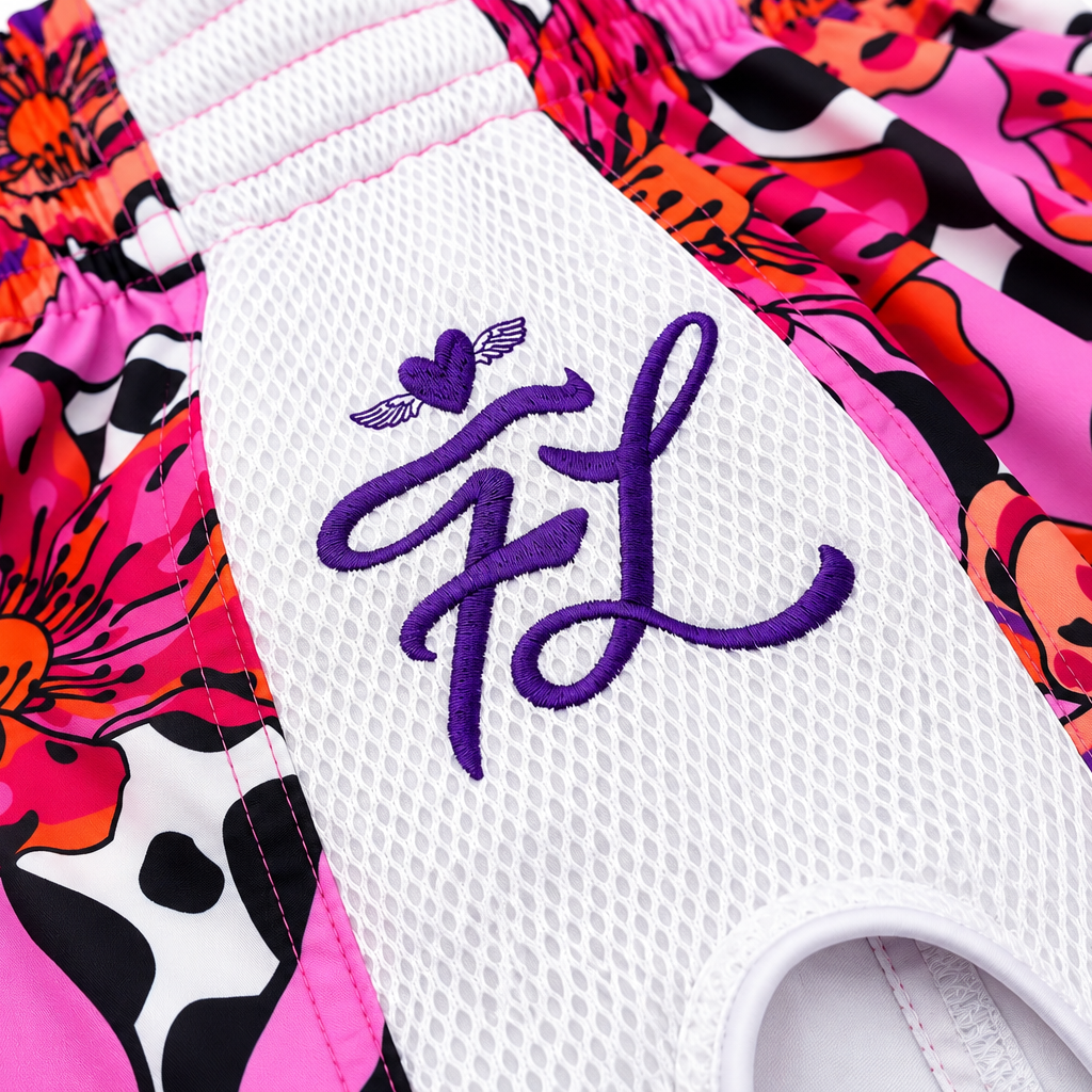 Close-up of Miss Fightlab shorts featuring a white mesh center panel with purple embroidered calligraphy, flanked by a vibrant pink, orange, and black floral pattern.