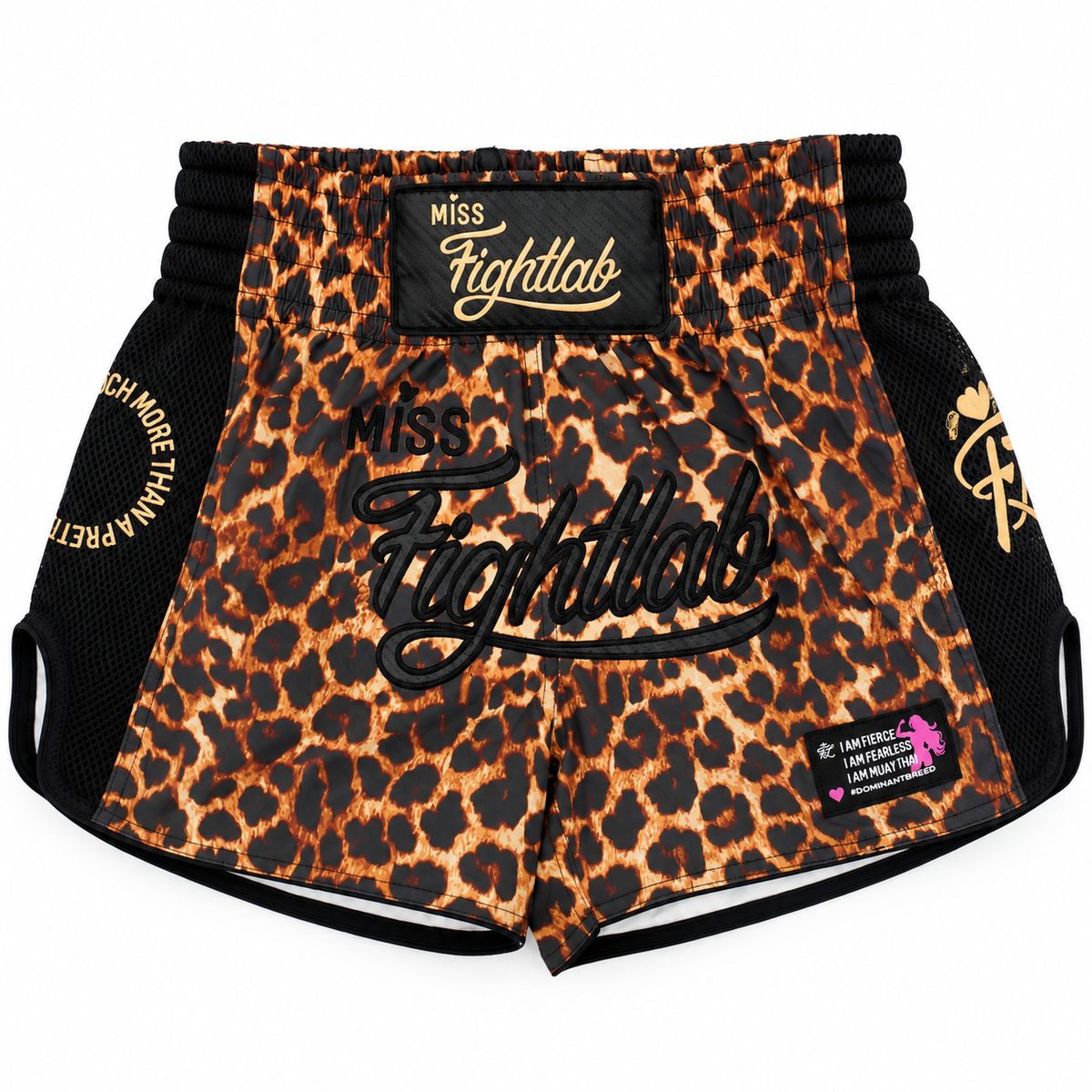 Miss Fightlab athletic fight shorts featuring a bold orange and black leopard print pattern, black mesh side panels, and black branding text.