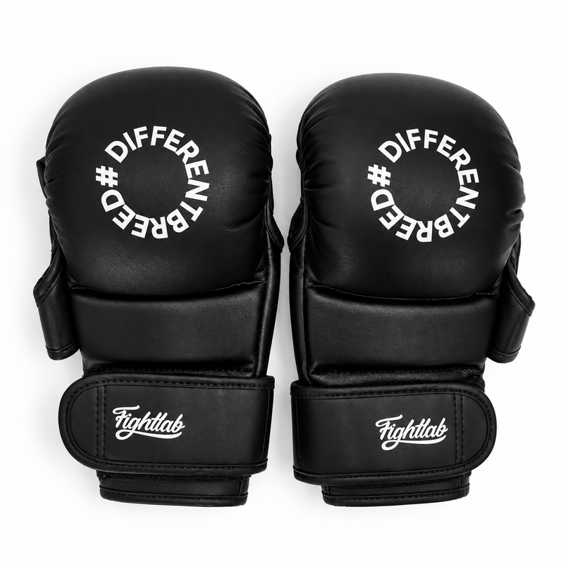 Black Fightlab Pro Sparring MMA gloves with Different Breed print on the back