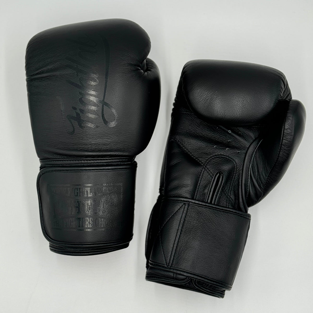 A pair of black leather Muay Thai boxing gloves with embossed Fightlab branding, displayed on a light gray studio background.